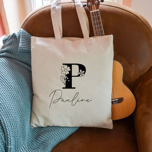 Tote bag prénom et initiale, sac d'épaule personnalisé